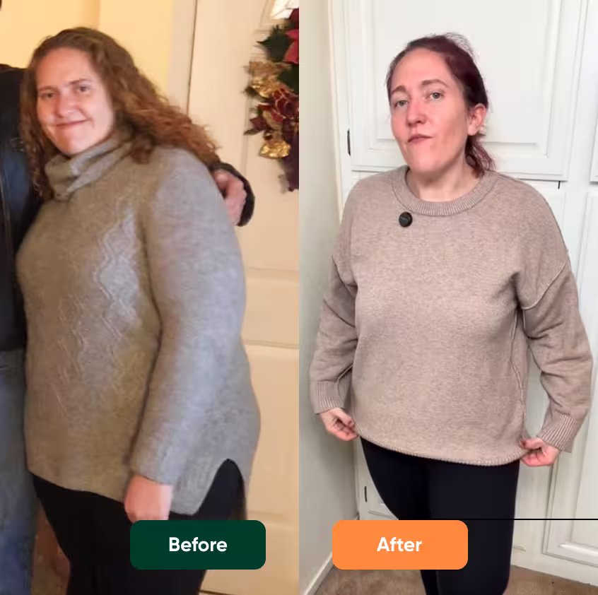 Before and after weight loss comparison. Before: woman wearing a thick grey turtleneck sweater. After: looking slimmer in a tan sweater and black leggings.